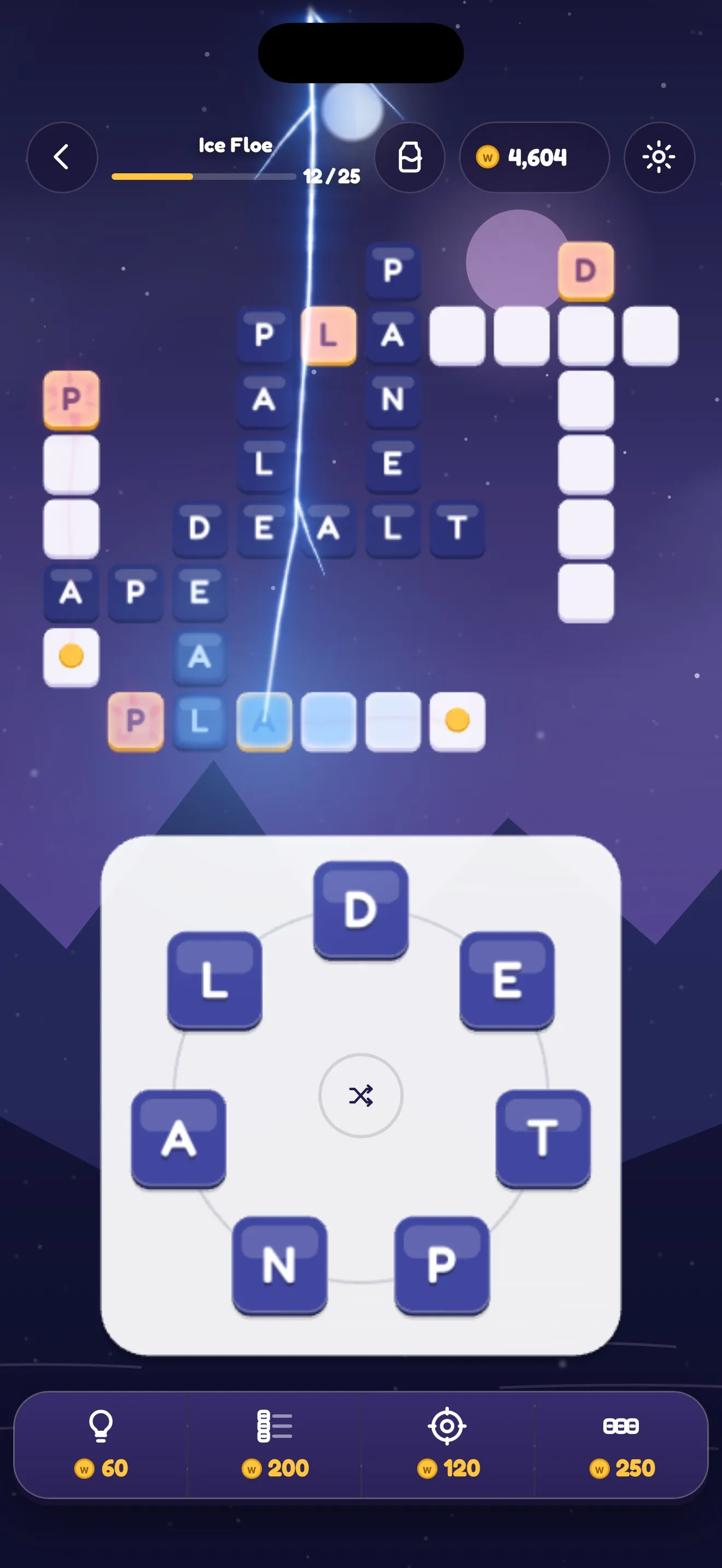 A Waypost Words crossword at the stop Ice Floe on a night-purple sky, with a bolt of lightning striking one square to reveal its letter, the letter wheel below it, and four skill buttons along the bottom, each with its coin cost.