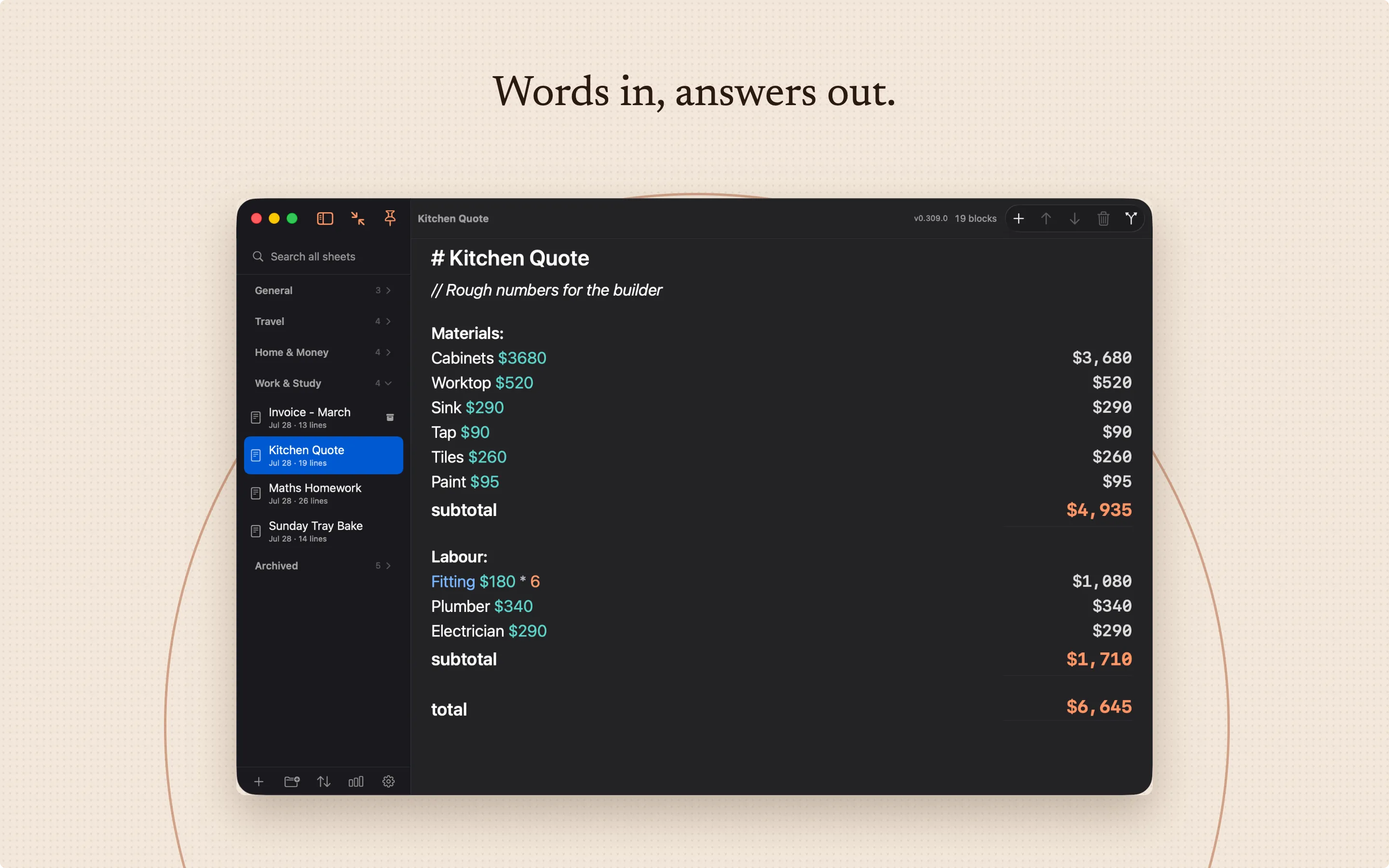 Words in, answers out. A Magic Notes sheet called Kitchen Quote in the dark theme, with a folder sidebar on the left and every material and labour line answered in a column on the right, ending in subtotals and a total.