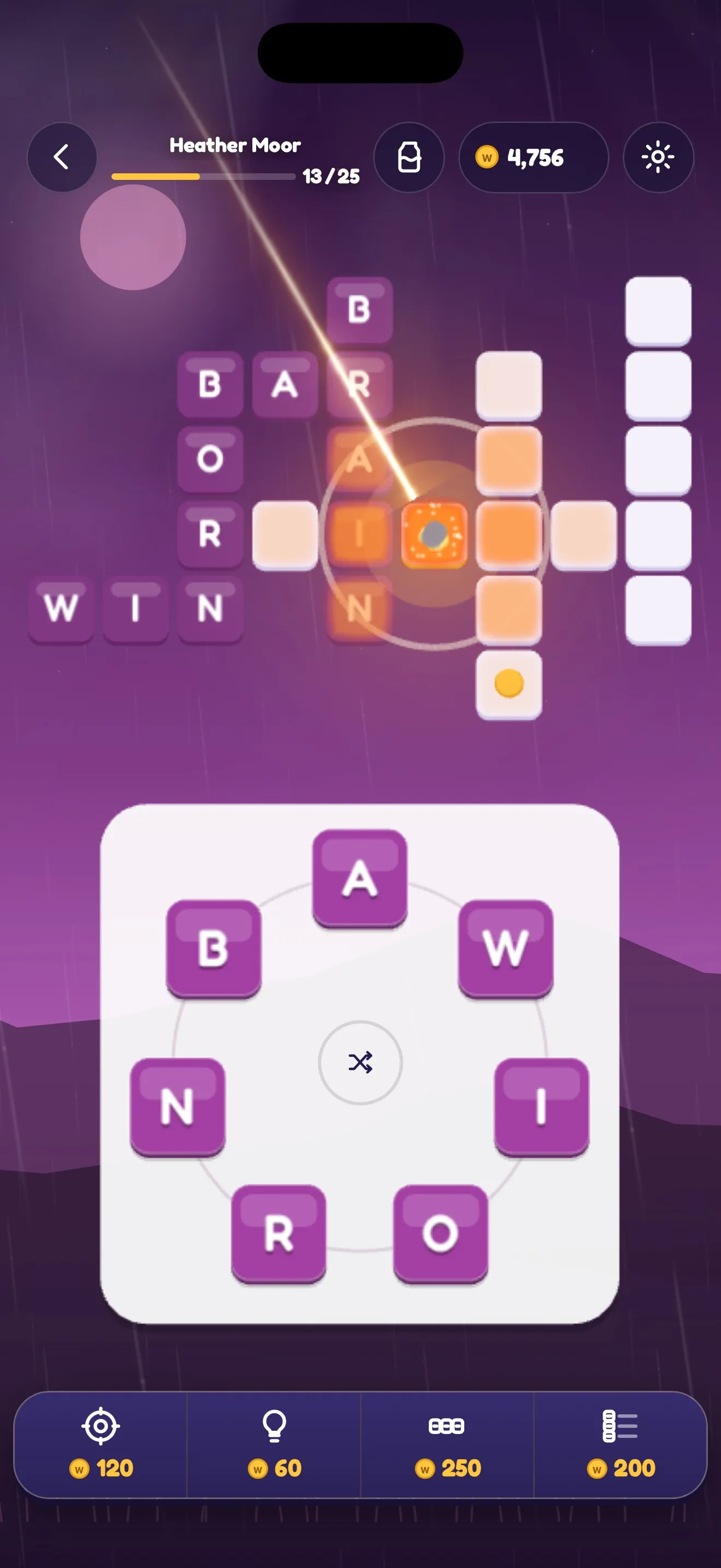 A Waypost Words crossword at the stop Heather Moor on a purple dusk, with a meteor streaking down onto a chosen square that glows orange as it opens, and the letter wheel below.
