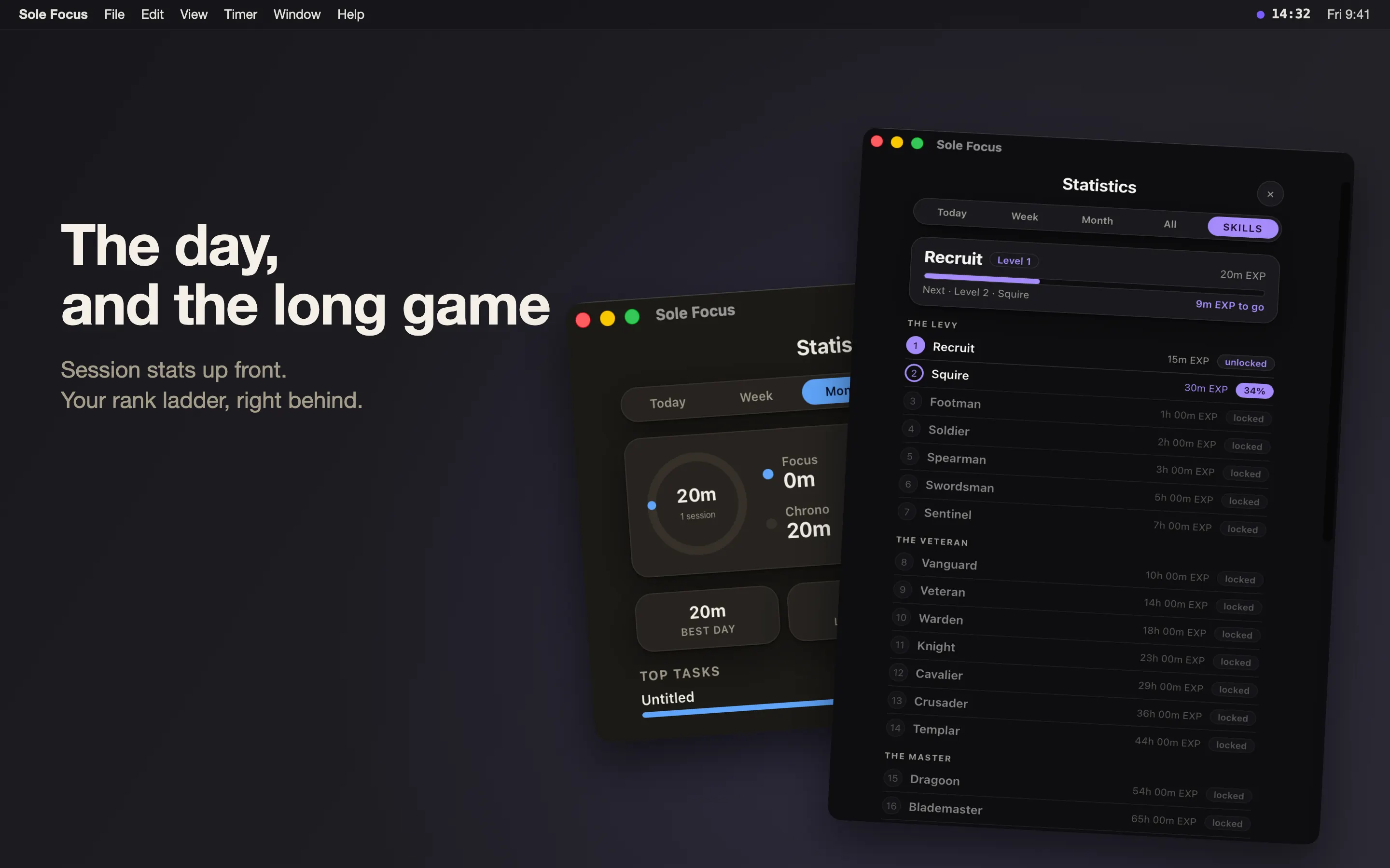 The Sole Focus Statistics window on macOS showing the Skills tab — a rank ladder from Recruit to Blademaster with EXP thresholds — beside a summary of today's focus minutes and top tasks.