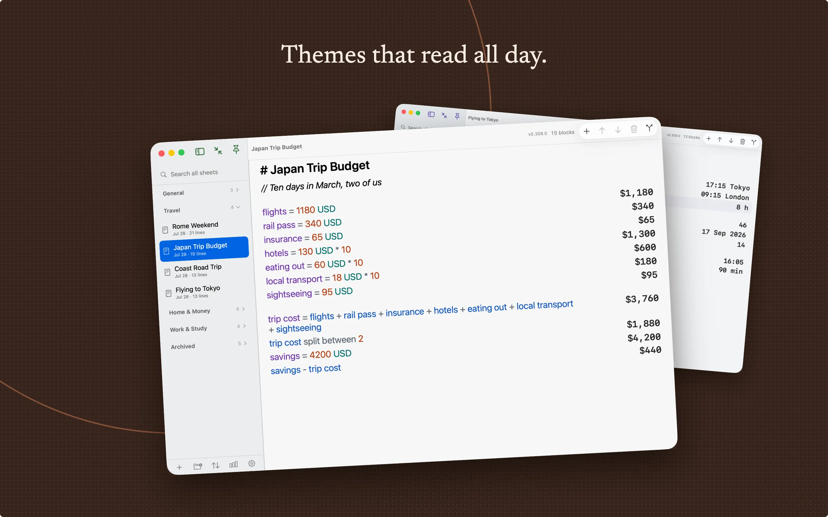 Three Magic Notes windows fanned out in the light theme, the front one a Japan Trip Budget sheet where named costs add up to a trip total and a split between two people.