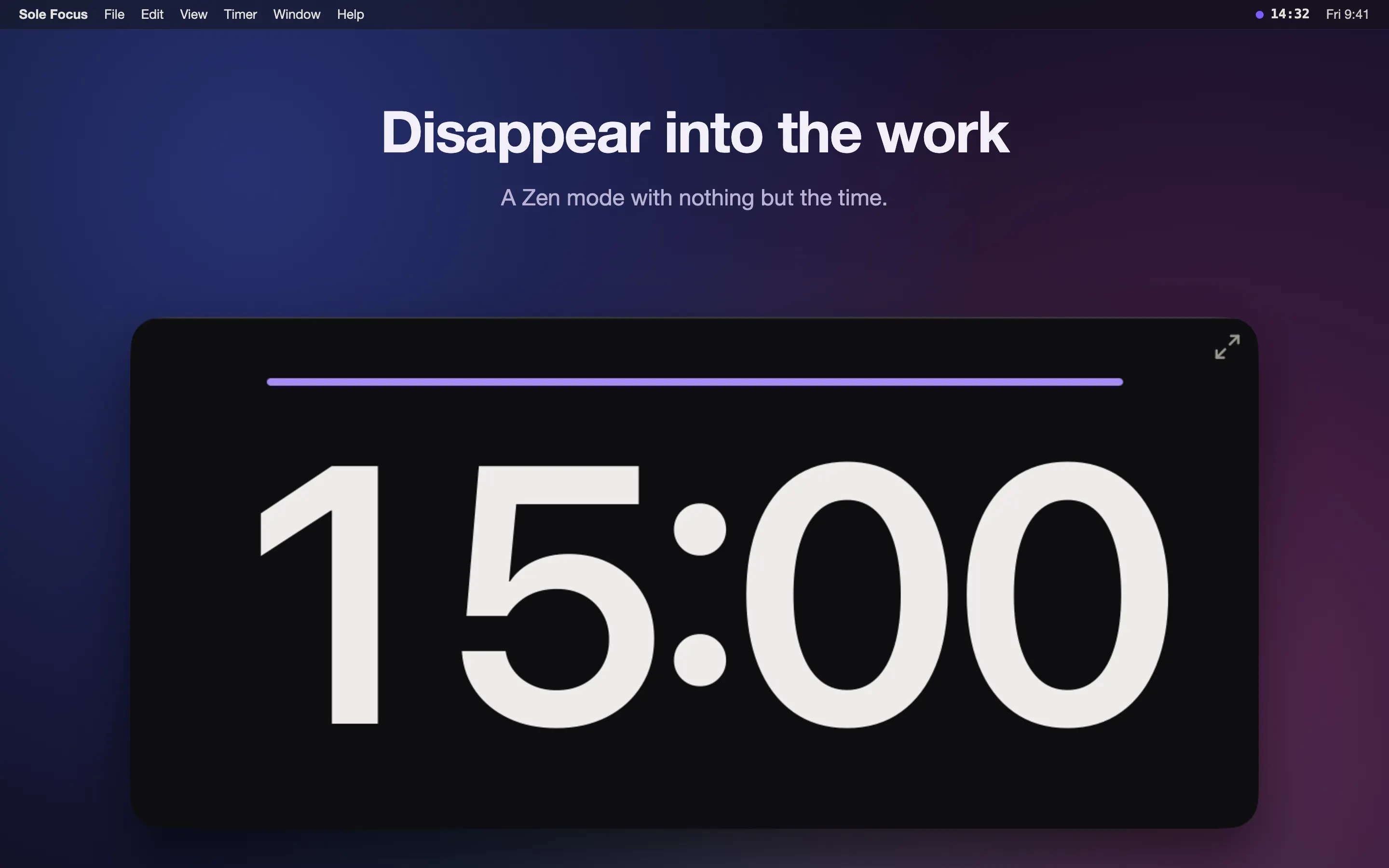Sole Focus Zen mode filling the screen with just the time — a large 15:00 on a dark panel with a thin purple progress bar across the top.