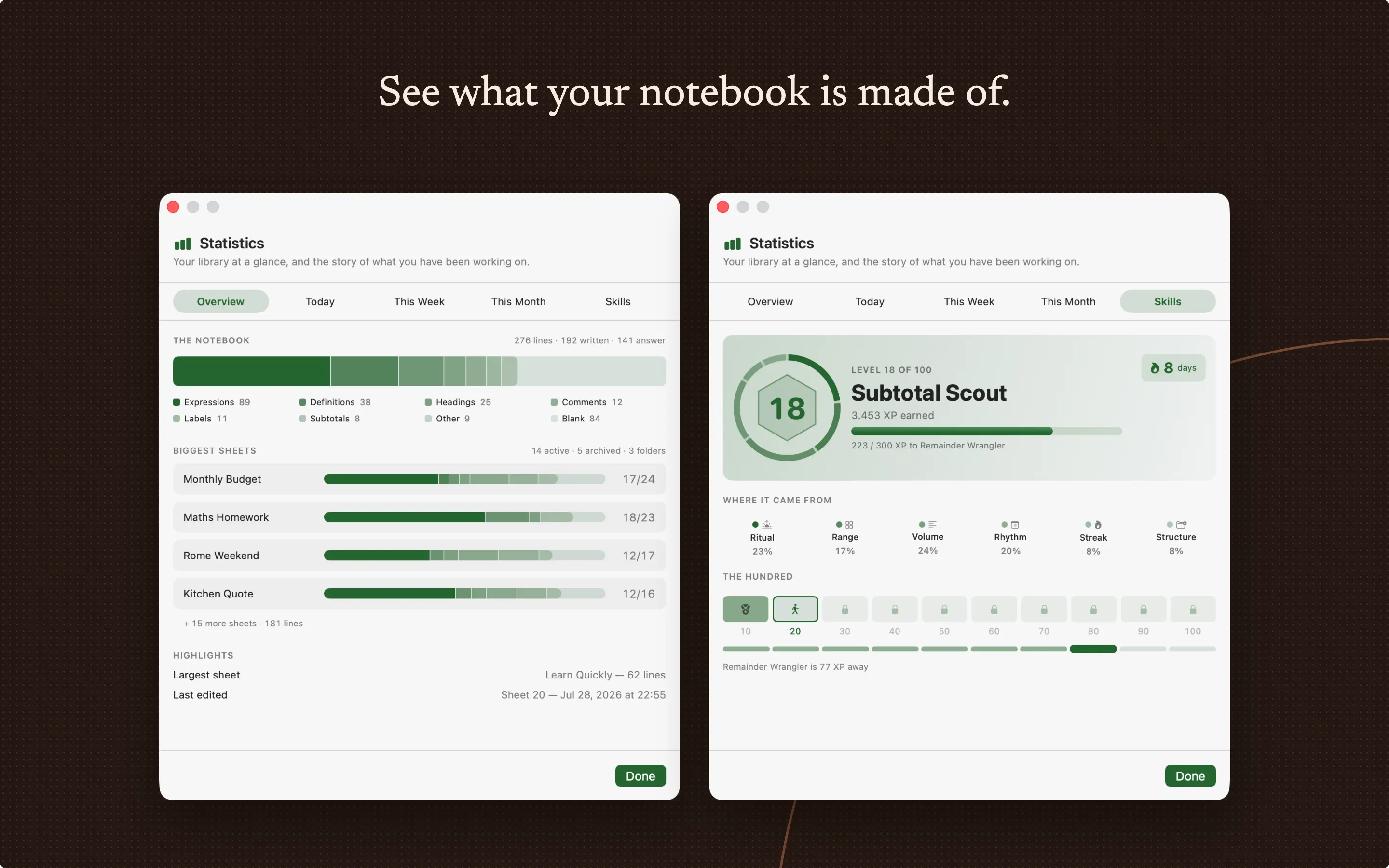 Two light-themed Magic Notes Statistics windows side by side — an Overview counting line types and the biggest sheets, and a Skills tab showing level 18 of 100, an eight-day streak, and the hundred named ranks.