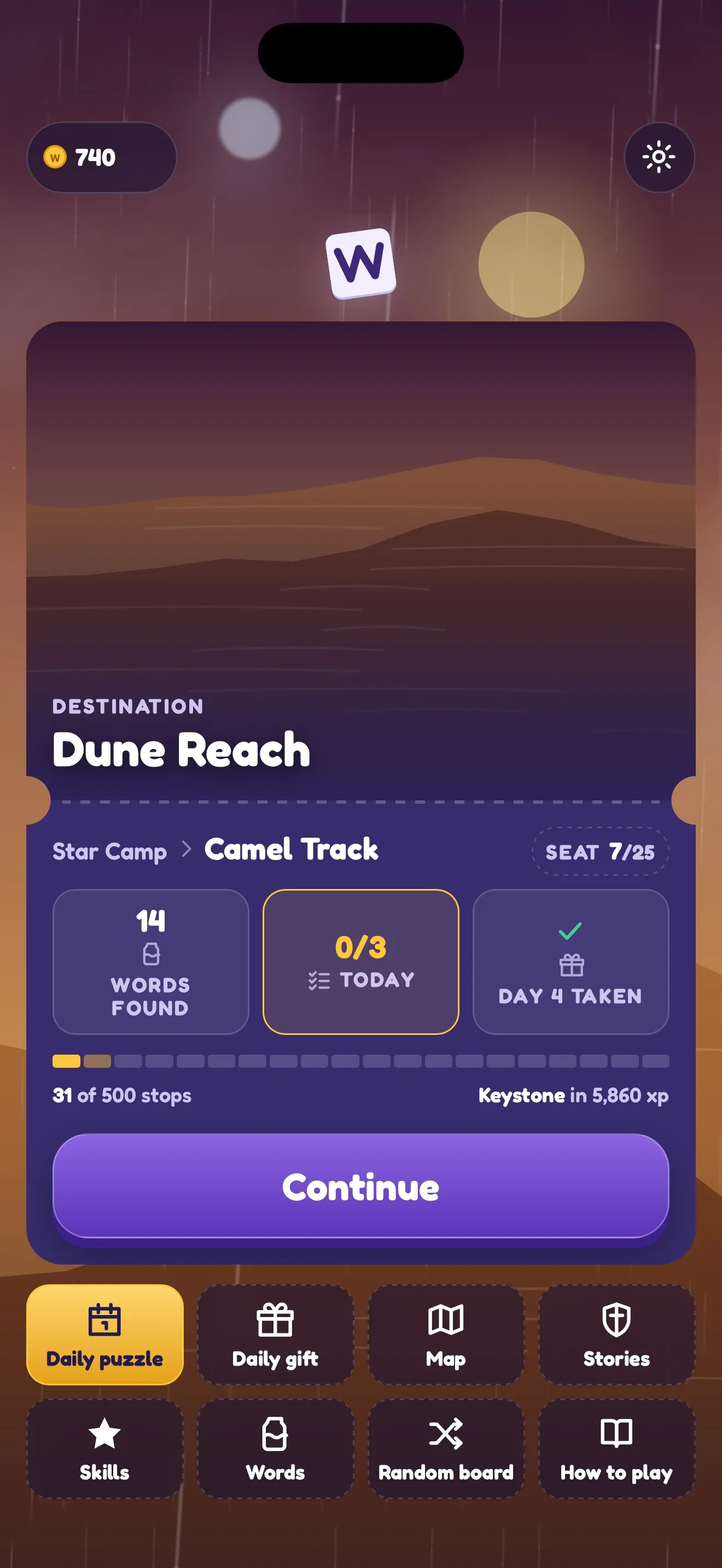 The Waypost Words home screen showing the destination Dune Reach, the current stop and seat, words found, today's goals and the daily gift, a Continue button, and buttons for the daily puzzle, daily gift, map, stories, skills, words, a random board and how to play.