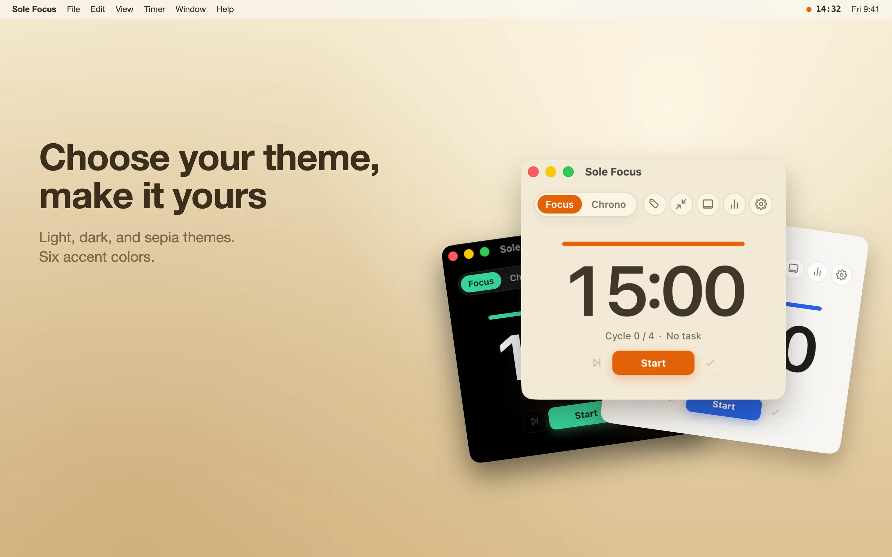 Three Sole Focus timer windows fanned out in sepia, dark, and light themes with orange, green, and blue accents, each showing the same 15:00 Focus timer.
