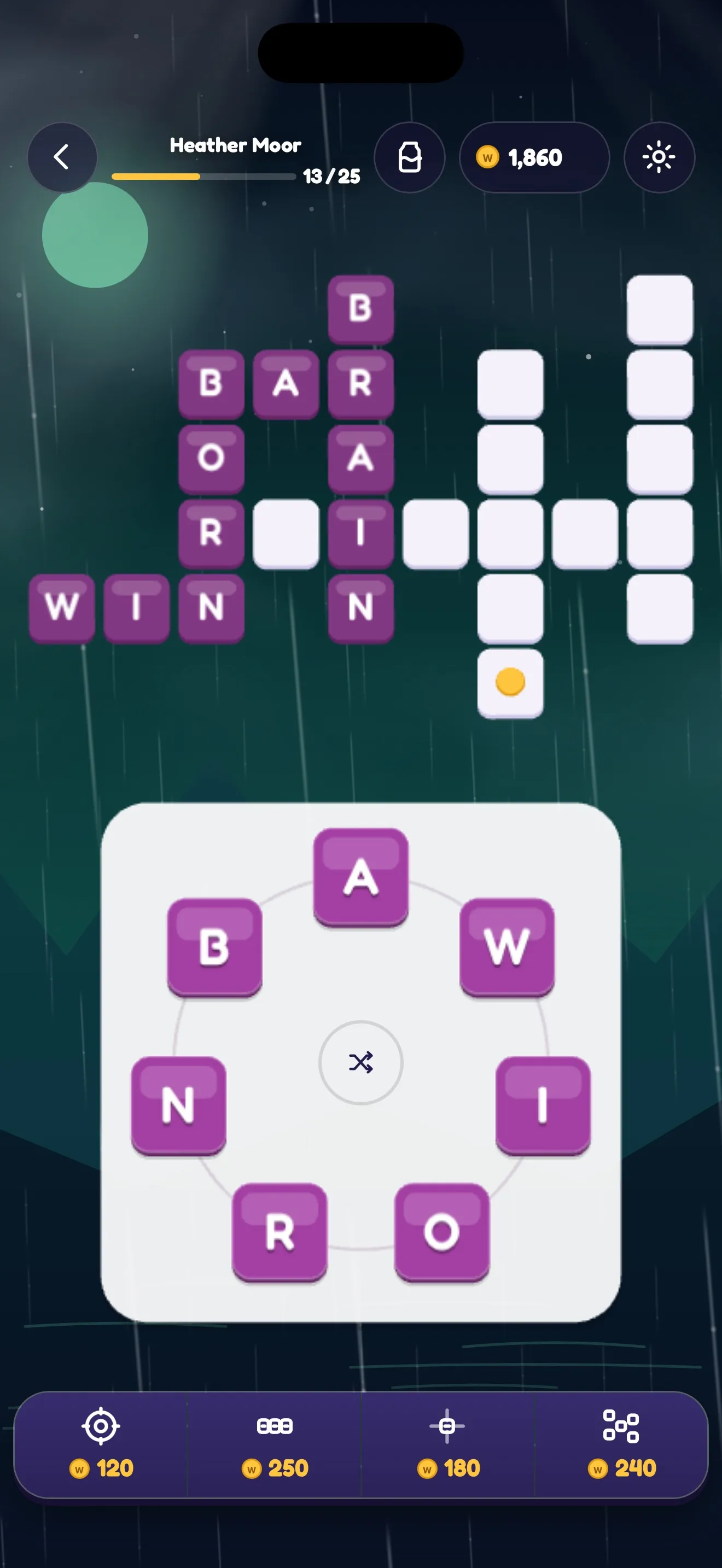 A Waypost Words crossword at the stop Heather Moor with rain falling across a dark teal sky, the crossword partly filled above the letter wheel.