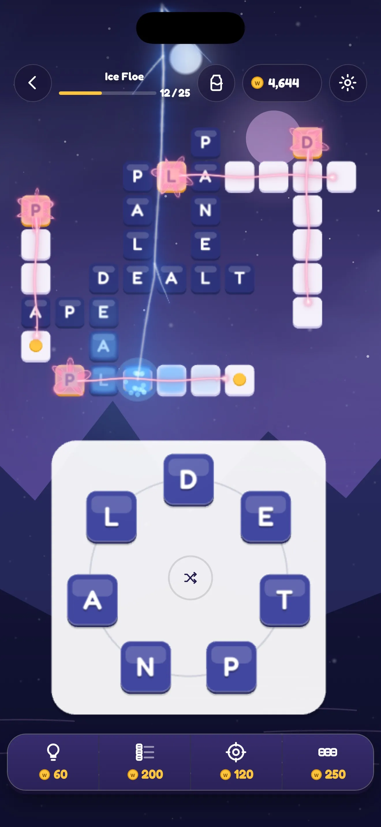A Waypost Words crossword at the stop Ice Floe as lightning strikes, with the squares of the answers it touches glowing pink.